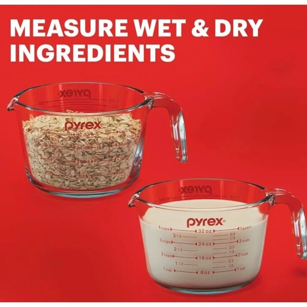 Pyrex 3‎ Piece Glass Measuring Cup Set, Wet/Dry, Measure In Ounce, Cups, ML. NEW